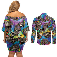 Hippie Couples Matching Off Shoulder Short Dress and Long Sleeve Button Shirt Psychedelic Third Eye Art - Wonder Print Shop