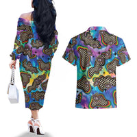 Hippie Couples Matching Off The Shoulder Long Sleeve Dress and Hawaiian Shirt Psychedelic Third Eye Art - Wonder Print Shop