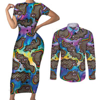 Hippie Couples Matching Short Sleeve Bodycon Dress and Long Sleeve Button Shirt Psychedelic Third Eye Art - Wonder Print Shop