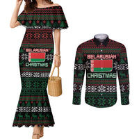 Belarus Christmas Couples Matching Mermaid Dress and Long Sleeve Button Shirt Flag With Belarusian Patterns - Wonder Print Shop