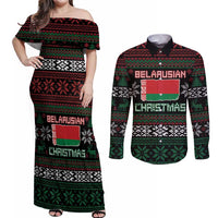 Belarus Christmas Couples Matching Off Shoulder Maxi Dress and Long Sleeve Button Shirt Flag With Belarusian Patterns - Wonder Print Shop