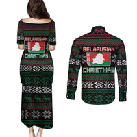 Belarus Christmas Couples Matching Puletasi and Long Sleeve Button Shirt Flag With Belarusian Patterns - Wonder Print Shop