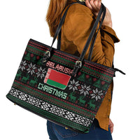 Belarus Christmas Leather Tote Bag Flag With Belarusian Patterns - Wonder Print Shop