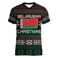 Belarus Christmas Women V-Neck T-Shirt Flag With Belarusian Patterns - Wonder Print Shop