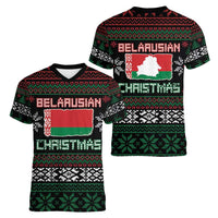 Belarus Christmas Women V-Neck T-Shirt Flag With Belarusian Patterns - Wonder Print Shop