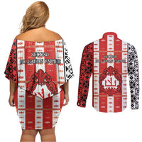 Second Bulgarian Empire Couples Matching Off Shoulder Short Dress and Long Sleeve Button Shirt Slavic Patterns - Wonder Print Shop