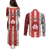 Second Bulgarian Empire Couples Matching Puletasi and Long Sleeve Button Shirt Slavic Patterns - Wonder Print Shop