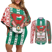 Tsardom Of Bulgaria Couples Matching Off Shoulder Short Dress and Long Sleeve Button Shirt Slavic Patterns - Wonder Print Shop