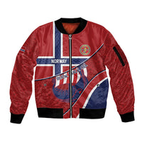 Custom Norway Football Sleeve Zip Bomber Jacket Viking Ship Nordic Patterns