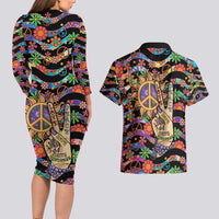 Hippie Couples Matching Long Sleeve Bodycon Dress and Hawaiian Shirt Hand Gesture V With Peace Symbol - Wonder Print Shop