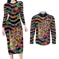 Hippie Couples Matching Long Sleeve Bodycon Dress and Long Sleeve Button Shirt Hand Gesture V With Peace Symbol - Wonder Print Shop