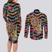 Hippie Couples Matching Long Sleeve Bodycon Dress and Long Sleeve Button Shirt Hand Gesture V With Peace Symbol - Wonder Print Shop