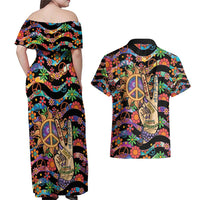 Hippie Couples Matching Off Shoulder Maxi Dress and Hawaiian Shirt Hand Gesture V With Peace Symbol - Wonder Print Shop