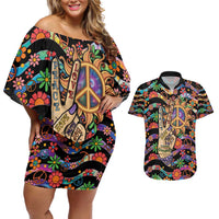 Hippie Couples Matching Off Shoulder Short Dress and Hawaiian Shirt Hand Gesture V With Peace Symbol - Wonder Print Shop