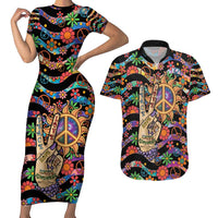 Hippie Couples Matching Short Sleeve Bodycon Dress and Hawaiian Shirt Hand Gesture V With Peace Symbol - Wonder Print Shop