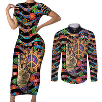 Hippie Couples Matching Short Sleeve Bodycon Dress and Long Sleeve Button Shirt Hand Gesture V With Peace Symbol - Wonder Print Shop