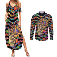 Hippie Couples Matching Summer Maxi Dress and Long Sleeve Button Shirt Hand Gesture V With Peace Symbol - Wonder Print Shop