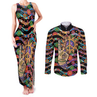 Hippie Couples Matching Tank Maxi Dress and Long Sleeve Button Shirt Hand Gesture V With Peace Symbol - Wonder Print Shop
