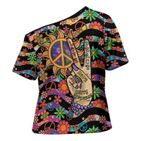 Hippie Cross Shoulder Shirt Hand Gesture V With Peace Symbol - Wonder Print Shop