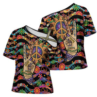 Hippie Cross Shoulder Shirt Hand Gesture V With Peace Symbol - Wonder Print Shop
