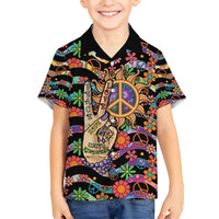 Hippie Family Matching Long Sleeve Bodycon Dress and Hawaiian Shirt Hand Gesture V With Peace Symbol - Wonder Print Shop