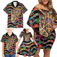 Hippie Family Matching Off Shoulder Short Dress and Hawaiian Shirt Hand Gesture V With Peace Symbol - Wonder Print Shop