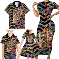 Hippie Family Matching Short Sleeve Bodycon Dress and Hawaiian Shirt Hand Gesture V With Peace Symbol - Wonder Print Shop