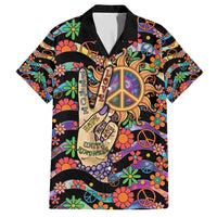 Hippie Family Matching Short Sleeve Bodycon Dress and Hawaiian Shirt Hand Gesture V With Peace Symbol - Wonder Print Shop
