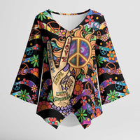 Hippie Kimono Sleeve Blouse Hand Gesture V With Peace Symbol - Wonder Print Shop
