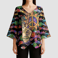 Hippie Kimono Sleeve Blouse Hand Gesture V With Peace Symbol - Wonder Print Shop