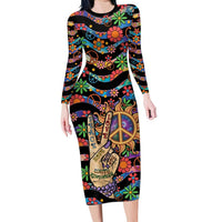 Hippie Long Sleeve Bodycon Dress Hand Gesture V With Peace Symbol - Wonder Print Shop