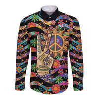 Hippie Long Sleeve Button Shirt Hand Gesture V With Peace Symbol - Wonder Print Shop