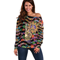 Hippie Off Shoulder Sweater Hand Gesture V With Peace Symbol - Wonder Print Shop