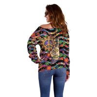 Hippie Off Shoulder Sweater Hand Gesture V With Peace Symbol - Wonder Print Shop
