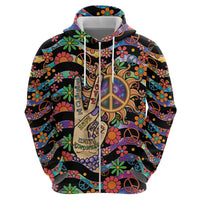 Hippie Zip Hoodie Hand Gesture V With Peace Symbol - Wonder Print Shop