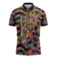 Hippie Zipper Polo Shirt Hand Gesture V With Peace Symbol - Wonder Print Shop