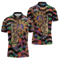 Hippie Zipper Polo Shirt Hand Gesture V With Peace Symbol - Wonder Print Shop