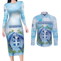 Personalized Greece Couples Matching Long Sleeve Bodycon Dress and Long Sleeve Button Shirt Dolphins And Symbol - Wonder Print Shop