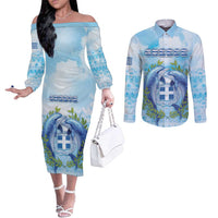 Personalized Greece Couples Matching Off The Shoulder Long Sleeve Dress and Long Sleeve Button Shirt Dolphins And Symbol - Wonder Print Shop