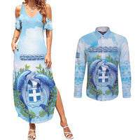 Personalized Greece Couples Matching Summer Maxi Dress and Long Sleeve Button Shirt Dolphins And Symbol - Wonder Print Shop
