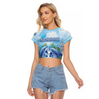 Personalized Greece Raglan Cropped T Shirt Dolphins And Symbol - Wonder Print Shop