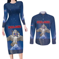 Personalized Iceland Couples Matching Long Sleeve Bodycon Dress and Long Sleeve Button Shirt The Gyrfalcon With Symbol - Wonder Print Shop
