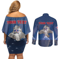 Personalized Iceland Couples Matching Off Shoulder Short Dress and Long Sleeve Button Shirt The Gyrfalcon With Symbol - Wonder Print Shop
