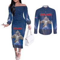 Personalized Iceland Couples Matching Off The Shoulder Long Sleeve Dress and Long Sleeve Button Shirt The Gyrfalcon With Symbol - Wonder Print Shop