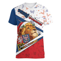 Czech Republic Christmas Women V-Neck T-Shirt The Lion With Coat Of Arms - Wonder Print Shop