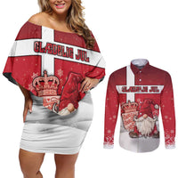 Denmark Christmas Couples Matching Off Shoulder Short Dress and Long Sleeve Button Shirt Nisse Glaedelig Jul - Wonder Print Shop