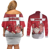 Denmark Christmas Couples Matching Off Shoulder Short Dress and Long Sleeve Button Shirt Nisse Glaedelig Jul - Wonder Print Shop
