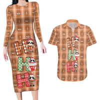 Panda Christmas Couples Matching Long Sleeve Bodycon Dress and Hawaiian Shirt Ho Ho Ho Caramel Pattern - Wonder Print Shop