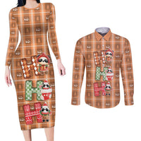Panda Christmas Couples Matching Long Sleeve Bodycon Dress and Long Sleeve Button Shirt Ho Ho Ho Caramel Pattern - Wonder Print Shop