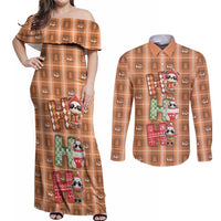 Panda Christmas Couples Matching Off Shoulder Maxi Dress and Long Sleeve Button Shirt Ho Ho Ho Caramel Pattern - Wonder Print Shop